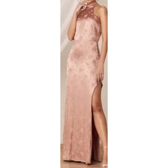 LULU'S SZ S Red Carpet Ready Peach Floral Satin Jacquard Maxi Dress NEW B23 flaw - Picture 1 of 8